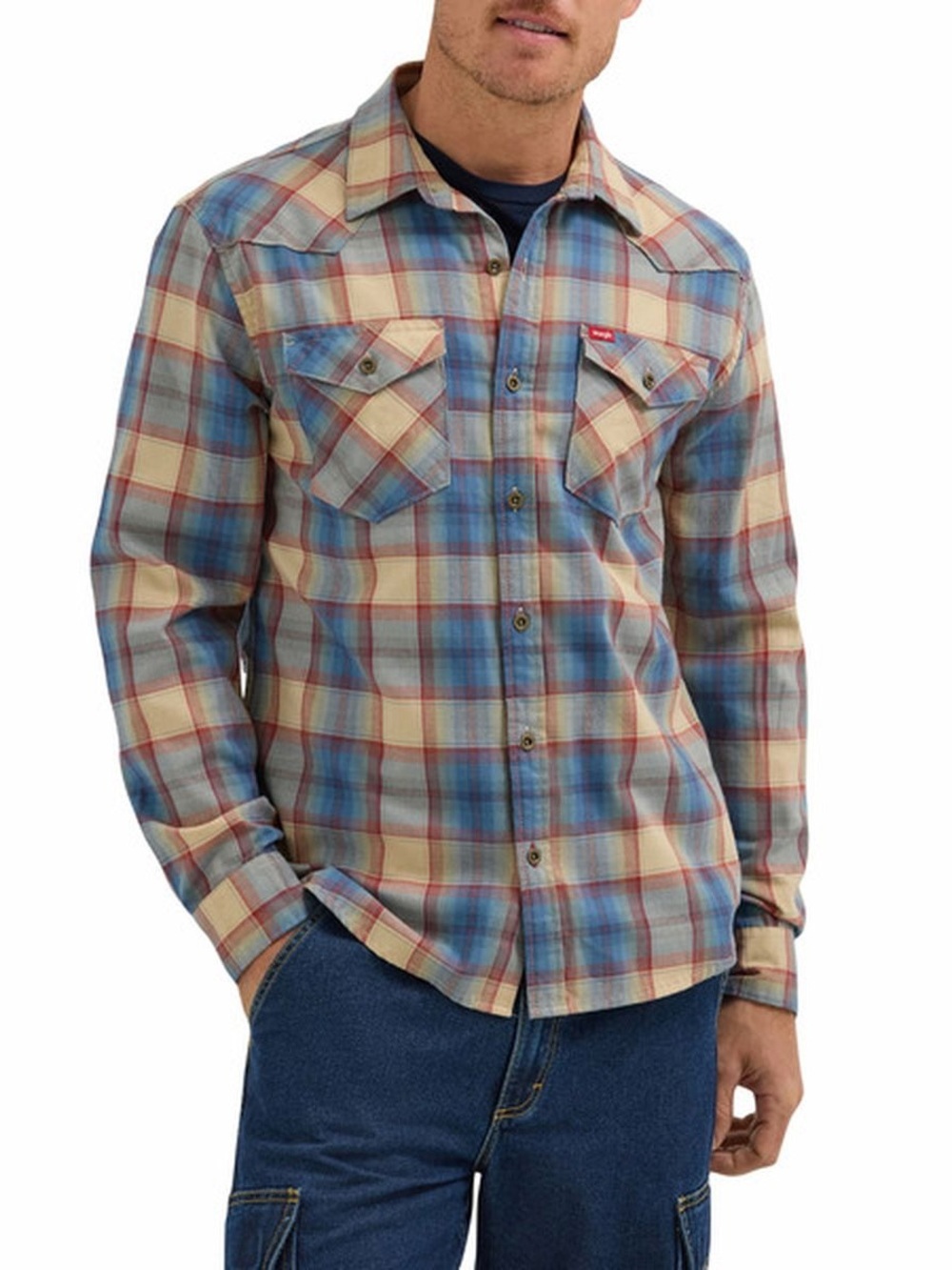 Wrangler Blue and Cream Plaid Western Button-Down Shirt